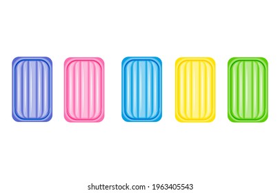 Pool infantable mattress set vector illustration in a cartoon flat style isolated on white background. Summer beach elements blue, pink, yellow, navy blue and green color.