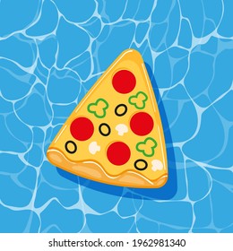 Piscina colchón de pizza infantable colchón sobre textura de agua. Ilustración vectorial del elemento de la playa de verano en un estilo plano de caricatura aislado sobre fondo blanco.