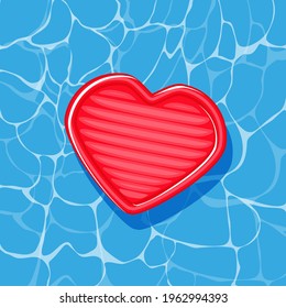 Pool infantable red heart mattress place on water texture. Summer beach element vector illustration in a cartoon flat style isolated on white background.