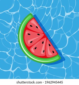 Pool infantable watermelon piece mattress place on water texture. Summer beach element vector illustration in a cartoon flat style isolated on white background.