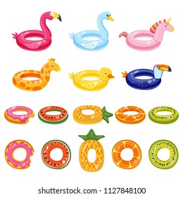 Pool inflatable cute kids toys set isolated on white background. Vector hand drawn doodle illustration. Flamingo, unicorn, giraffe, toucan, swan, duck, watermelon, pineapple water float rings.