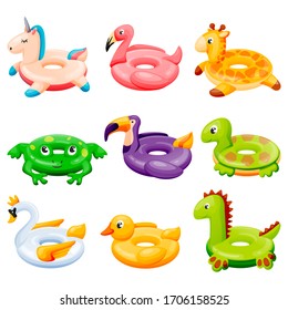 Pool inflatable rings collection. Kids floating toys with animals and birds. Vector illustration. Unicorn, flamingo, duck, giraffe, dinosaur isolated on white background. Summer beach leisure elements