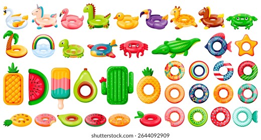 Pool inflatable rings and floats collection. Vector illustration of kids water floating toys. Summer beach and swimming pool leisure isolated design elements
