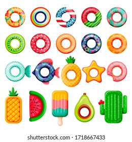 Pool inflatable rings and mattress set. Boys, girls floating funny toys. Vector illustration. Summer beach kids leisure elements. Fish, donut, USA flag, cactus, watermelon isolated on white background