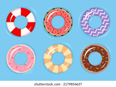 Pool inflatable rings. Vector illustration. Summer beach kids elements isolated on background.