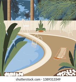 Pool - interior - chaise longue, armchair, chair, trees, fenced area, - illustration, vector. Relaxation. Swimming.