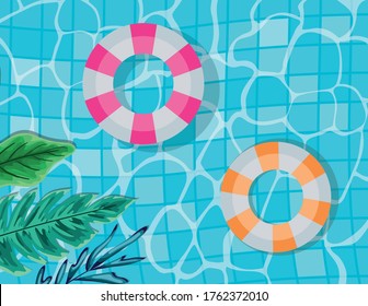 pool with leaves and floats top view design, Summer vacation and tropical theme Vector illustration