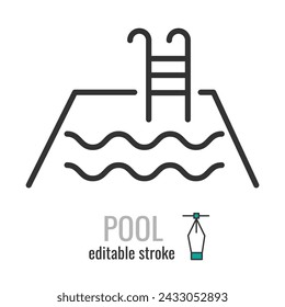 Icono de línea de pool. Símbolo lineal de piscina. Nadar con el signo de la escalera. Concepto de hotel de vacaciones. Trazo editable. Ilustración gráfica vectorial EPS 10