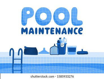 Pool maintenance accessories. Swimming pool with lettering on white background