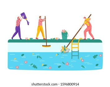 Pool maintenance or cleaning service, group of people in uniform cleaning and taking care of swimming pool, workers with equipment - test water, collect leaves, sweep the floor, flat vector