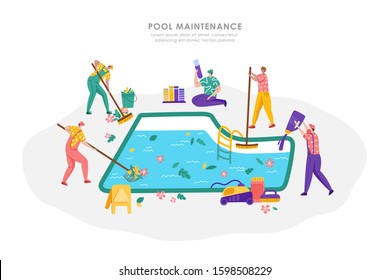 Pool maintenance or cleaning service, group of miniature people in uniform is cleaning and taking care of swimming pool, workers with equipment - test water, collect leaves, sweep floor, flat vector