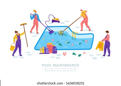 Pool maintenance or cleaning service, group of people in uniform, cleaning products for swimming pool, workers with equipment - test water, net, broom, flat vector for website, landing page, banner