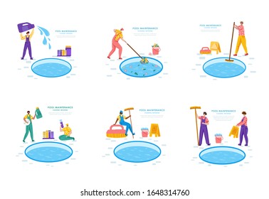 Pool maintenance or cleaning service, group of people in uniform, cleaning products for swimming pool, workers with equipment - test water, net, broom, flat vector for website, landing page, banners
