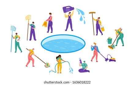 Pool maintenance or cleaning service, set of people in uniform, cleaning team and products for swimming pool, workers with equipment - test water, net, broom, flat vector for website, landing, banner