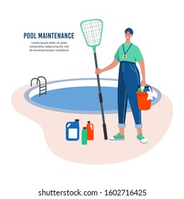 Pool maintenance concept. Pool cleaner with cleaning equipment. Flat vector illustration.