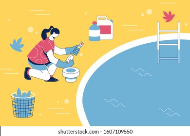 Pool maintenance concept. Woman cleaning pool with chemistry. Vector illustration. 