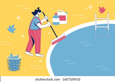 Pool maintenance concept. Woman cleaning pool with brush. Vector illustration. 