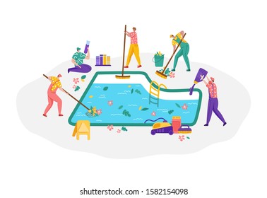 Pool maintenance, group of miniature people in uniform is cleaning and taking care of swimming pool, workers with equipment are busy with work - test water, collect leaves, sweep floor, flat vector