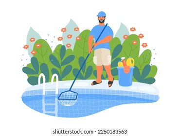 Pool maintenance. Swimming pool cleaner in the garden.