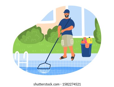 Pool maintenance. Swimming pool cleaner with house or hotel building behind him