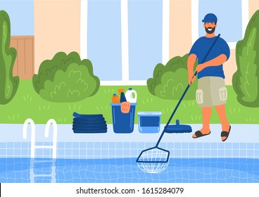 Pool maintenance. Swimming pool cleaner with house or hotel building behind him.