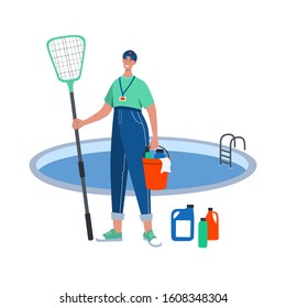 Pool maintenance worker with chemical cleaning products and tools. Flat vector illustration.