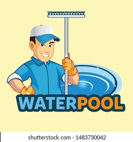 Pool Man Character, Cleaning Service Logo Design Template
