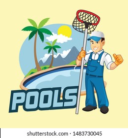 Pool Man Character, Cleaning Service Logo Design Template