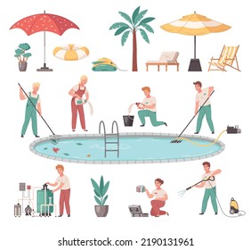 Pool mantenance service cartoon set of people cleaning pool with mechanical equipment and chemistry items isolated vector illustration