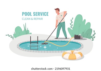 Pool mantenance service flat cartoon vector illustration with young man working outdoor with vacuum cleaner