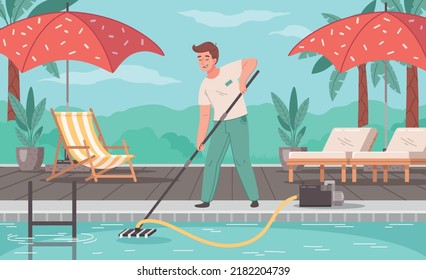 Pool Mantenance Service Summer background with guy cleaning water in swimming zone with vacuum cartoon vector illustration