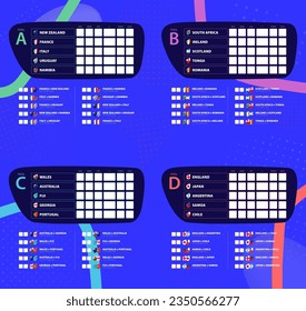 Pool matches schedule with national flags of participants rugby tournament 2023. Vector illustration.