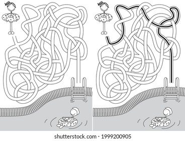 Pool maze for kids with a solution in black and white