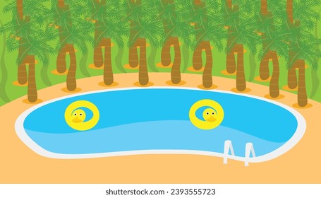 a pool near beach, duck lifebuoy and coconut tree