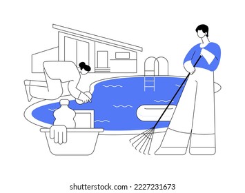 Pool and outdoor cleaning abstract concept vector illustration. Swimming pool chemicals, outdoor maintenance company, deck cleaner, patio polishing service, tools and equipment abstract metaphor.