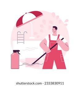 Pool and outdoor cleaning abstract concept vector illustration. Swimming pool chemicals, outdoor maintenance company, deck cleaner, patio polishing service, tools and equipment abstract metaphor.