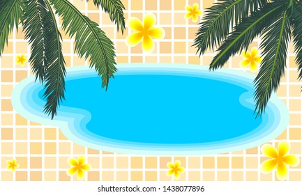 Pool with palm trees and flowers, vector art illustration.
