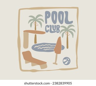 Pool Paradise Print t shirt graphics design, typography slogan on palm trees background. Summer beach vibes. Pool club modern art.