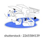 Pool party abstract concept vector illustration. Dance swim drink, entertaining outdoor activities, party in swimming pool, flamingo inflatable circle, girls in bikini, vacation abstract metaphor.