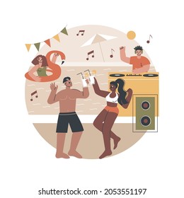 Pool party abstract concept vector illustration. Dance swim drink, entertaining outdoor activities, party in swimming pool, flamingo inflatable circle, girls in bikini, vacation abstract metaphor.