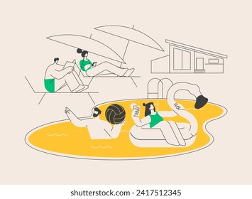 Ilustración vectorial de concepto abstracto de grupo. Bebé de baile, actividades al aire libre entretenidas, fiesta en la piscina, círculo inflable flamingo, niñas en bikini, metáfora abstracta de vacaciones.