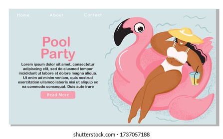 Pool party advertising web page concept. Beautiful girl in hat with cocktail floating on inflatable flamingo ring. Summer landing page template. Vector