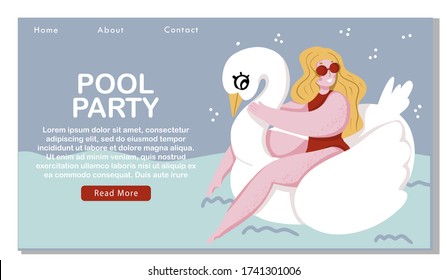 Concepto de página web de publicidad de grupos. Hermosa chica flotando en el inflable anillo de cisne. Plantilla de la página de inicio de verano. Vector