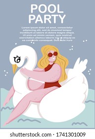 Pool party advertising web page concept. Beautiful girl in floating on inflatable swan ring. Summer landing page template. Vector