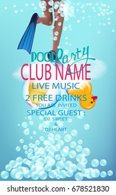 pool party background with inflatable balls and woman's legs in flippers and bubbles. Vector illustration