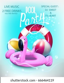 Pool party background with inflatable toys. Vector illustration