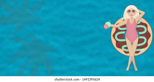 Pool party background. Summer water activities. Scene with blonde girl holds cocktail on a inflatable pool ring. Top view. Beach or pool banner, poster design