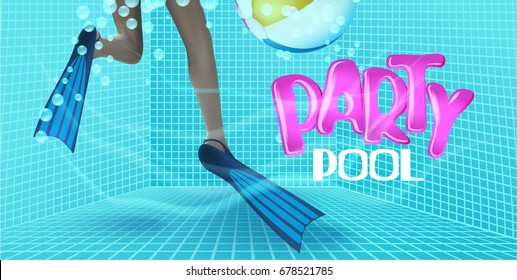 pool party background with view of swimming pool from water, inflatable ball and woman's legs in flippers. Vector illustration