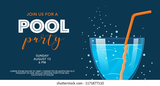 Pool party banner with cocktail  vector illustration. Template design element for summer event invitation card 