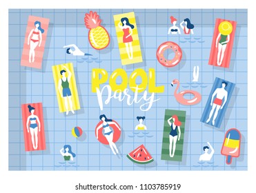 Pool party banner design with small people characters swimming and enjoying summer activities. Top view vector background.